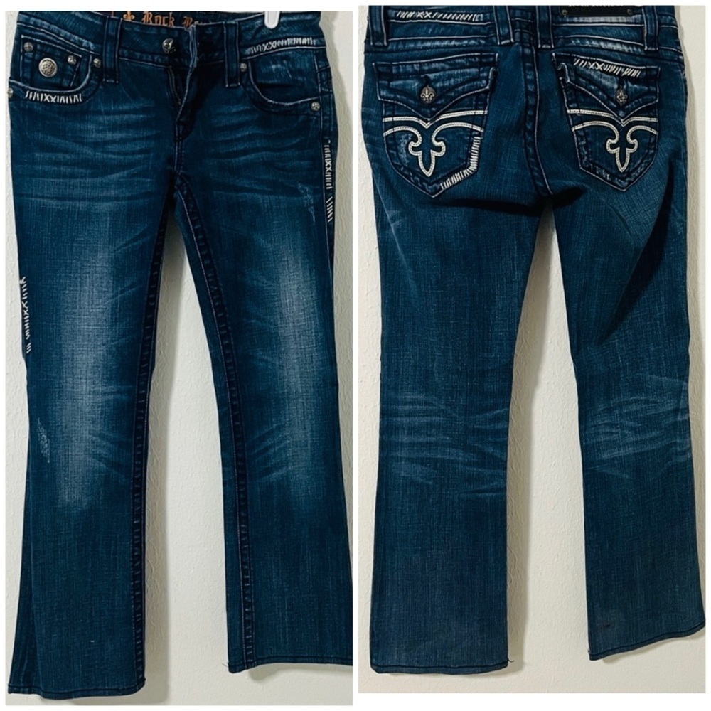 Rock Revival Jen Boot Jeans Sz 29 Faux Leather Embroidered Back Flap Pockets EUC